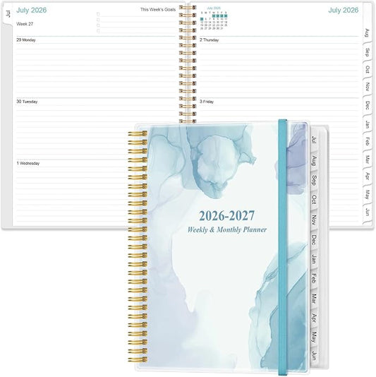2026-2027 Planner - Planner 2026-2027 from July 2026 - June 2027 with 12 Monthly Tabs, Flexible Cover, Inner Pocket, 8.5" x 11", Blue Watercolor