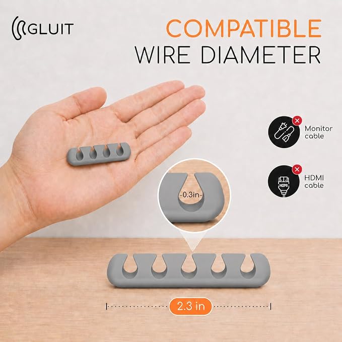 GLUIT Cord Organizer for Desk, Cable Holder for Nightstand, Charger Organizer, Adhesive Desktop Wire Clips, Multislot Cable Management, Table Organizer Accessories - 5 Pack, 15 Slots, Grey