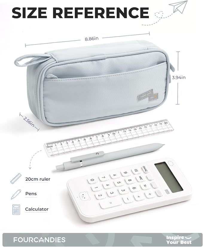 Four Candies Large Pencil Case, 5 Compartments Pen Organizer, Big Capacity Canvas Pencil Pouch Bag for School Supplies, Portable Stationery Holder for Teen Girls, Women (Light Gray)