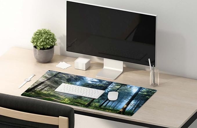 SSOIU Extended Gaming Mouse Pad XXL ArtSo Large Keyboard Mat Long Mousepad Desk Decor Writing Pad Non Slip Rubber Base Stitched Edges for Work, Game, Office, Home, 35.5" x 15.7", Forest Morning