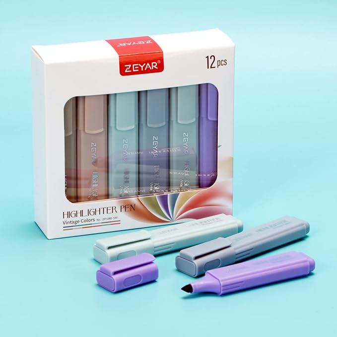 ZEYAR Highlighter Pen, Vintage Colors Chisel Tip Markers, Water Based, Quick Dry, No Bleed, for Bible Study Notes School Office (12 Vintage Colors)