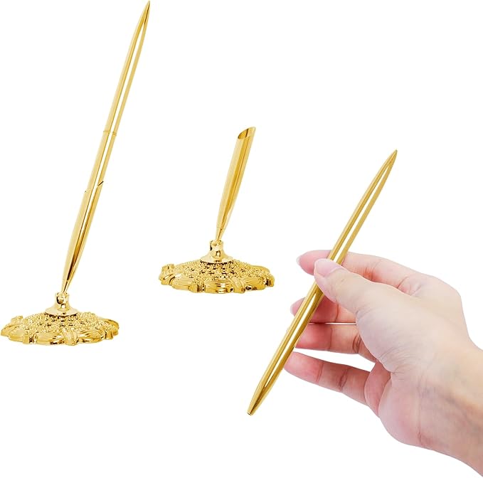 2 Pcs Gold Hollow Round Pen Holder Metal Pen Stand Holder Set Signing Pen Set Signing Desk Ballpoint Pens for Guest Book Wedding Birthday Party Graduation Teacher Office Business