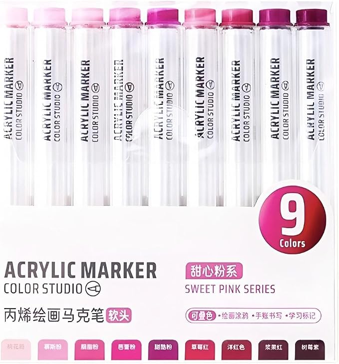 Pink Acrylic Paint Pen Markers, 9 Colors Soft Brush Tip Paint Pens for Wood Glass Eggs Rock Painting Canvas Stone Fabric DIY Crafts Making Art Supplies (Pink)