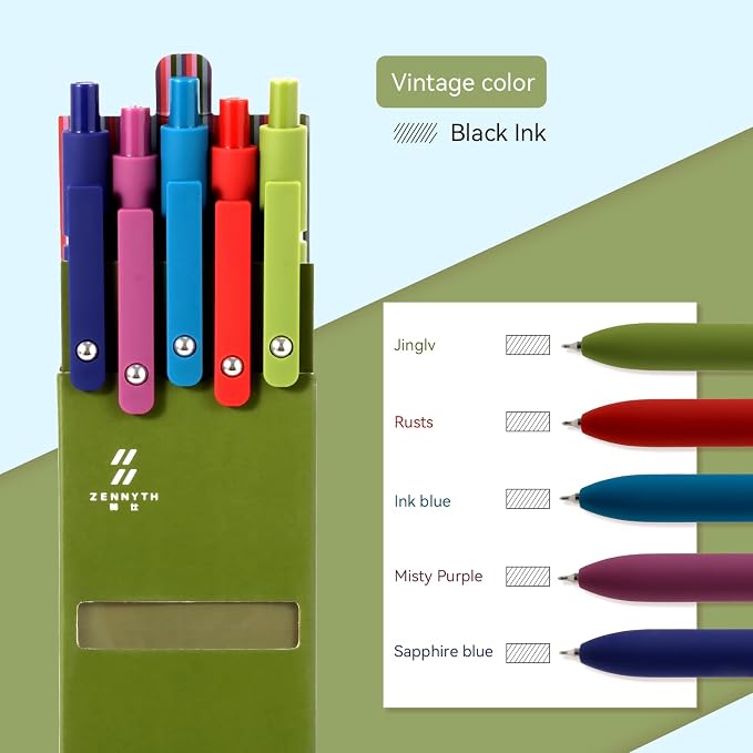 MengRan Vintage Gel Ink Pens Set, Black Ink, 5 Pack | 0.5mm Fine Point Tip, Quick Drying Ink, Idea for Journaling, Gifts Pens for Men