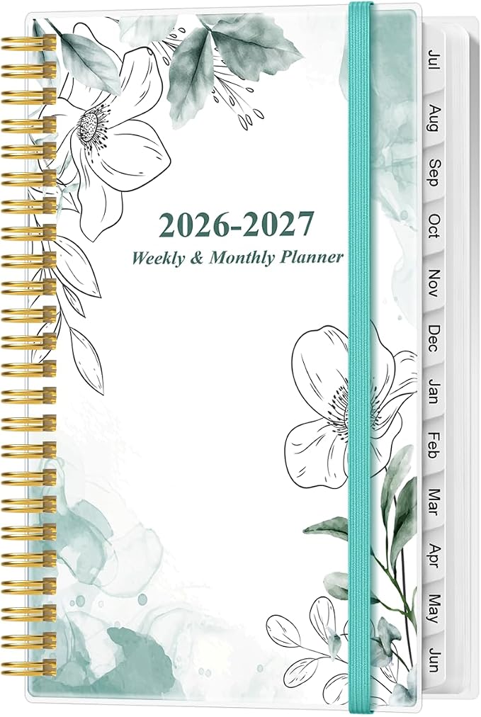 2026-2027 Pocket Planner/Calendar - 2026-2027 Planner from July 2026 - June 2027, Planner 26-27 with 12 Tabs, Twin-Wire Binding, Inner Pocket, 3.75" x 6.75, Teal Flowers