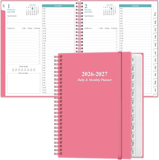2026-2027 Daily & Monthly Planner - One Page Per Day, Daily Planner from July 2026 - June 2027, Planner 2026-2027 with 12 Monthly Tabs, 8.5" x 11", Pink