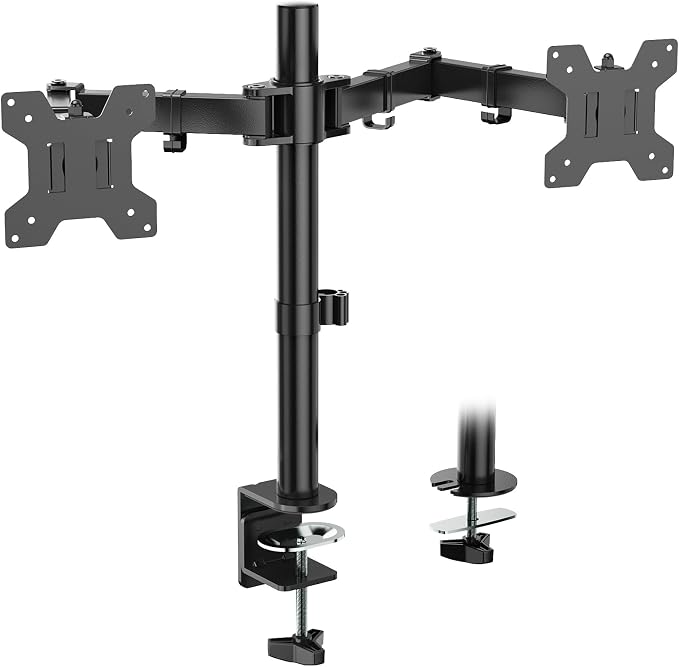 WALI Articulating Dual Monitor Stand for 13-27 inch Screens, 22 lbs per Arm | 2 Monitor Desk Mount, Full Motion with Tilt, Swivel, Rotation, C-Clamp & Grommet Base, VESA 75/100mm (M002), Black