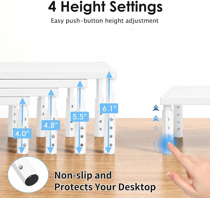 OPNICE Monitor Stand Riser for Desk, Adjustable Computer & Laptop Stand, Desk Organizer for Monitor, Laptop, PC, Printer, Office Desk Accessories for Home & Office, White Wood