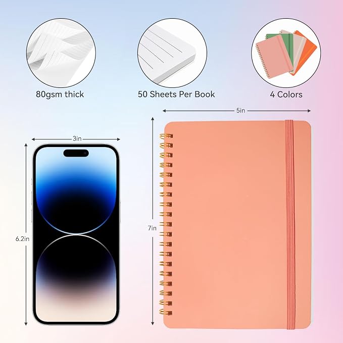 4 PCS Small Spiral Notebook 5x7, Spiral Journal Notebook, Notebooks for Work, Note Taking, School, Small Notebooks 5x7 with Strap, Cute Notebooks for Women 50 Sheets