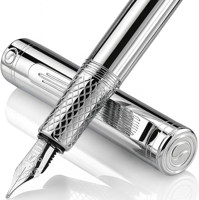 Scriveiner Silver Chrome Fountain Pen (Medium), Award Winning Luxury Pen, Heavy Pocket Pen, Chrome Finish, Schmidt Nib, Converter, Best EDC Writing Pen Gift Set for Men & Women, Nice Office Fancy Pen