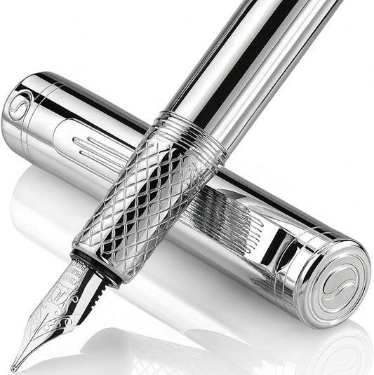 Scriveiner Silver Chrome Fountain Pen (Medium), Award Winning Luxury Pen, Heavy Pocket Pen, Chrome Finish, Schmidt Nib, Converter, Best EDC Writing Pen Gift Set for Men & Women, Nice Office Fancy Pen
