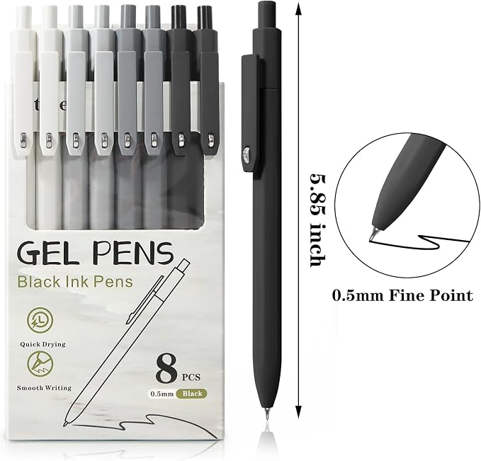 Piochoo Black Gel Pens, 8Pcs Fine Point Black Ink Smooth Writing Pens for Journaling, Nurse Aesthetic Cute Office School Supplies, Gifts for Women and Men(8Pcs Black White Grey-Black Ink)