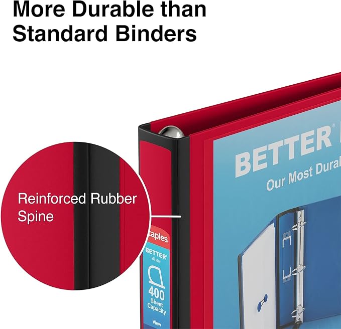 Staples Better Binder, 1.5" D‑Ring Heavy‑Duty Binder, Red, Strong Reinforced Spine, 400‑Sheet Capacity, Ideal for Classes, Office Files & Projects, 3‑Pack