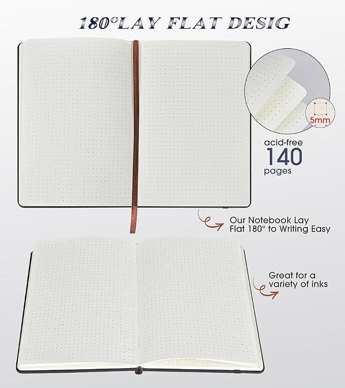 Biuwory Dotted Journal Notebook, 140 Dot Grid Pages, Medium 5.7"×8.3" | A5 Hardcover Vintage Leather Journal for Women Men, Dot Grid Paper Notebook for Work School Travel, Bullet Journaling Writing