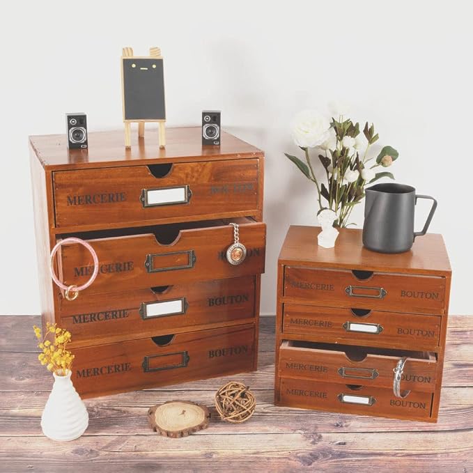 Small Wooden Drawers Wooden Box with Drawer Brown | 4 Drawer Storage Box for Apothecary Cabinet, Apothecary Drawers，Desktop Organizer with Metal Handles for Office，Home