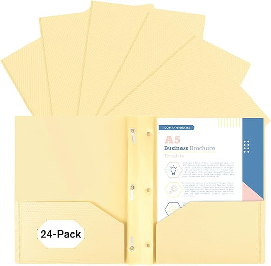 24-Pack Plastic andPockets and Prongs,2-Pocket and3 Fasteners, Pastel Folders Holds 8-1/2" x 11" Paper for School/Office/Home, Yellow