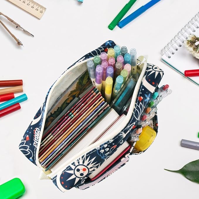 E-WEICHEN Multiple Pockets Portfolio Organizer with Zippered, Makeup Bag Travel Essentials for Women, Simple Waterproof Stationery Pencil Pouch Bag for Journal Office Art Supplies.Black Evil Eyes