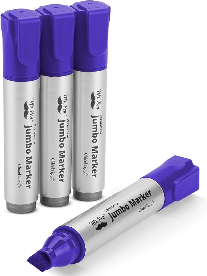 Mr. Pen- Jumbo Permanent Markers, 4 Pack, Purple, Chisel Tip, Wide Tip | Large, Thick Permanent Markers for Canvas, Posters Board, Fabric, Window, Glass, Wood, Waterproof, Quick Dry