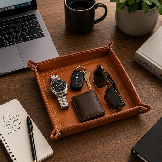 Tolredo Handmade Top Grain Leather Valet Tray – Elegant Organizer for Wallet, Keys, and Phone – Saddle Tan (6X6") (Pack of 2)
