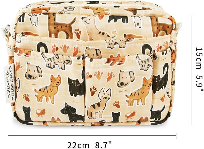 E-WEICHEN Multiple Pockets Portfolio Organizer with Zippered, Makeup Bag Travel Essentials for Women, Simple Waterproof Stationery Pencil Pouch Bag for Journal Office Art Supplies.Beige Dog