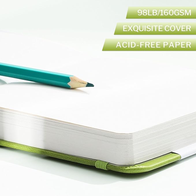 Prudiut 5" x 5" Hardcover Pocket Sketchbook, 80 Sheets, Emerald Green | 160gsm acid-free paper, elastic closure, ribbon bookmark, compact travel size for sketching on the go