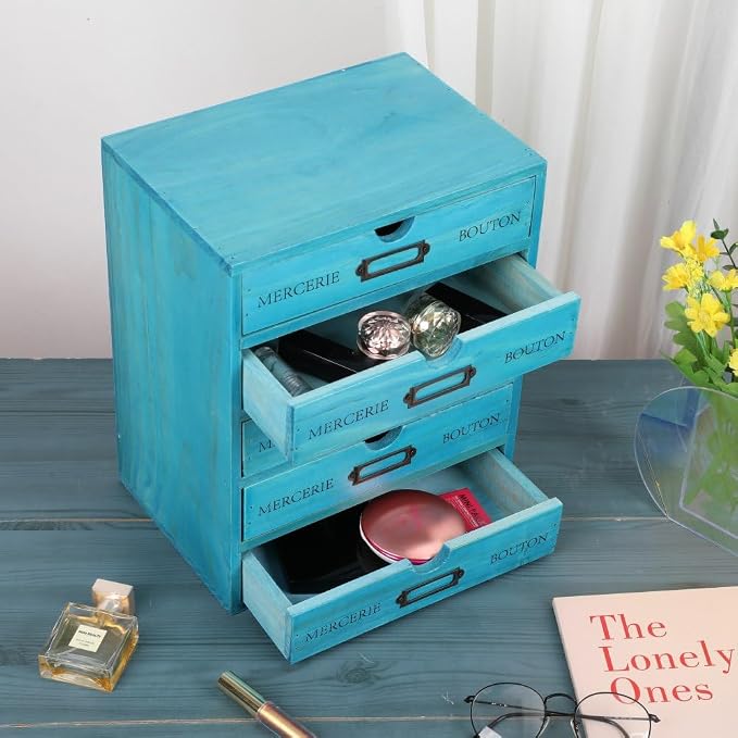 Wooden Storage Box with 5 Drawers Apothecary Drawers Vintage Wooden Drawers Wood Desktop Organizer with Drawer Library Card Catalog Cabinet Apothecary Cabinet （BLUE）