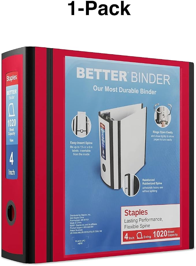 Staples Better Binder, 4" Heavy‑Duty D‑Ring 3‑Ring Binder, Red, Reinforced Spine, 800‑Sheet Capacity, Durable Filing & Organization Binder for School & Office, 2‑Pack