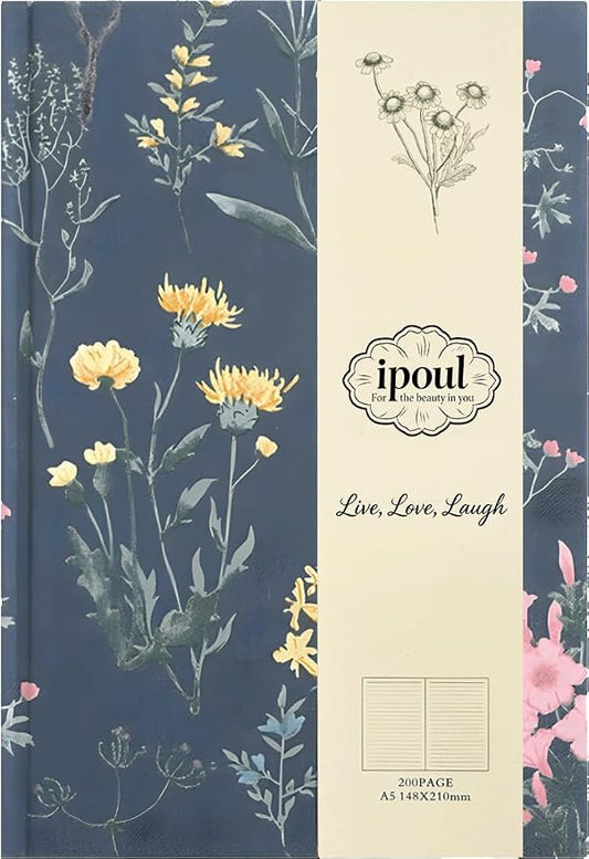 Floral Journal for women, Floret Hardcover Notebook, A5, 6x8, Medium Ruled Notebook, Lay-flat, Linen Journal, Notebooks for School, Writing Journal, Reading Journal, Plant Journal, Navy Blue