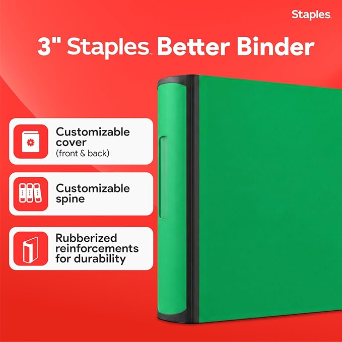 Staples Heavy-Duty 3-Inch D-Ring Binder, Green – Large Capacity 3-Ring Binder with Pockets, Holds Up to 600 Sheets
