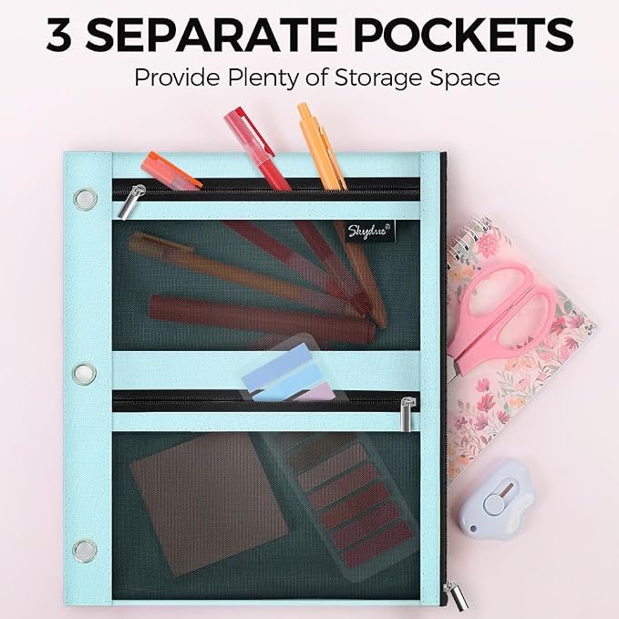 SKYDUE 3 Ring Pencil Pouch for Binder, Zipper Binder Pencil Pouch with 3 Pockets and Mesh Window, Durable Organizer for School Supplies, Cables, Earbuds, Makeup