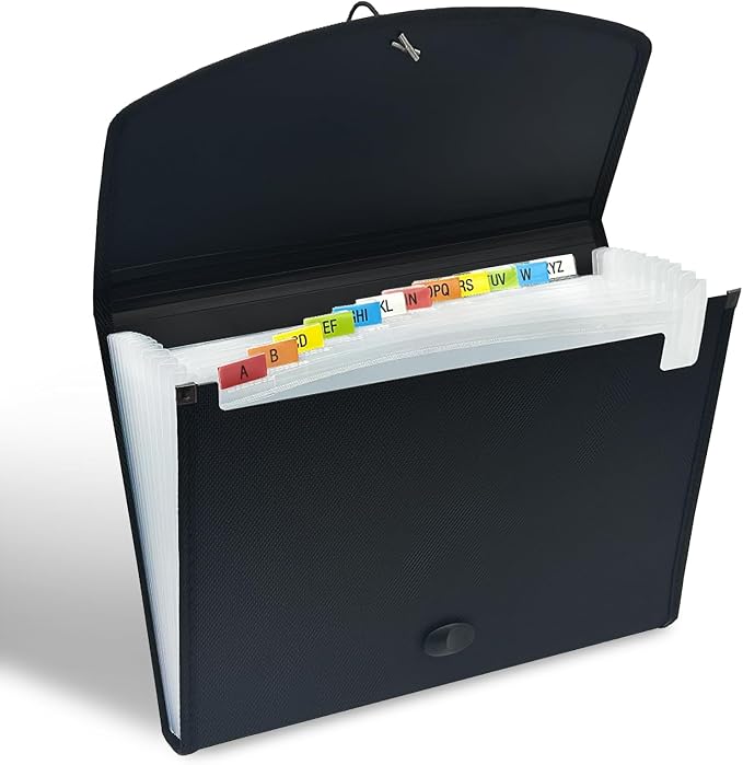 H4D 13-Pocket Accordion File Organizer, Expanding File Folder, Black | Extra Back Mesh Pocket, Letter Size Paper, Pre-Printed and Customizable Labels, Expandable Document Organizer