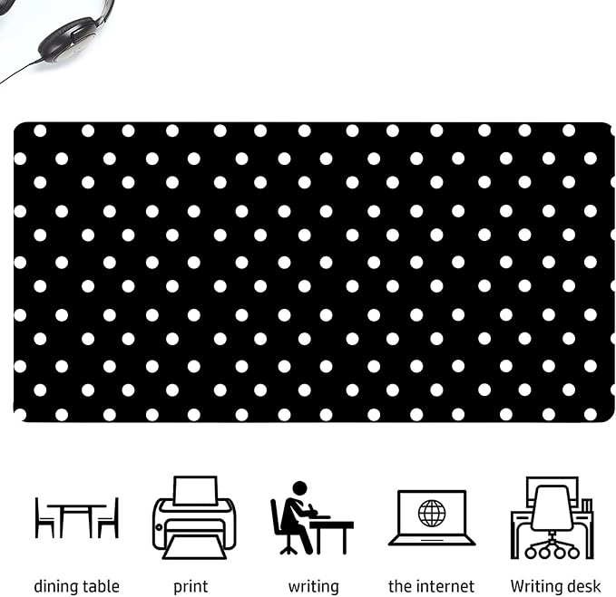 White Polka Dot Leather Desk Mat Extended Gaming Mouse Pad | Non-slip Large Writing Pad Laptop Blotter Computer Keyboard Mat | Cute Black Desk Protector for Home Office 27.6" x 13.8"