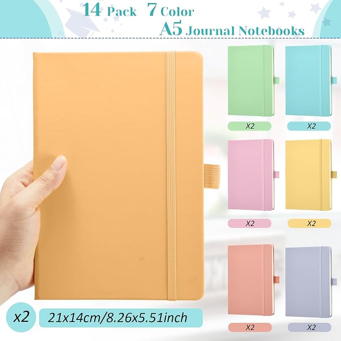 Laumoi 14 Pack Hardcover Journal Notebooks Bulk A5/A4/B5 Journaling Notebook Wide Ruled PU Leather Ruled Lined Journals with Pen Holder for School Business Work Writing (Candy Color,A5)