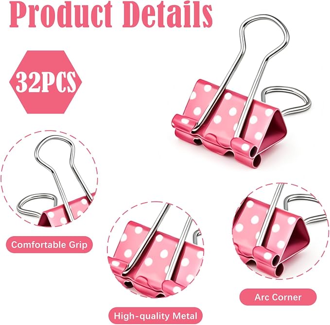 BAYTORY 32Pcs Polka Dot Binder Clips, 3/4 Inch (19 mm) Small Binder Clips | Colored Paper Clamps, Paper Clip for School Teachers Office Supplies (Yellow, Green, Blue, Pink)