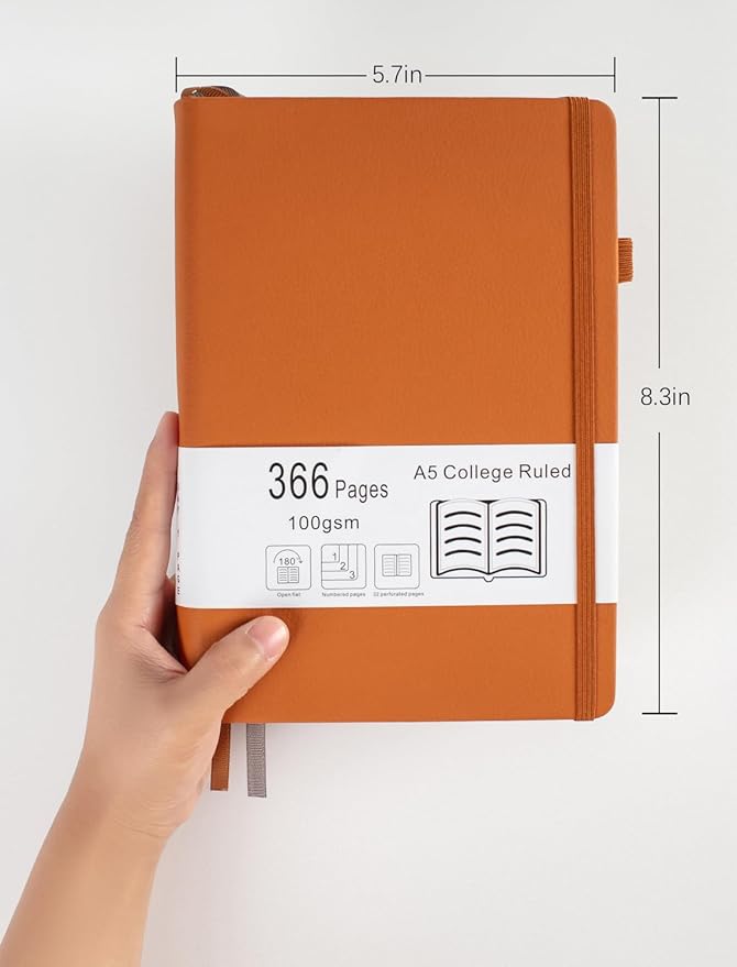 Thick College Ruled Notebook with 366 Numbered Pages, A5 Journals for Writing with 100GSM Lined Paper, Hardcover Leather Notebooks for Women Men School Note Taking Office Work Diary, Wood