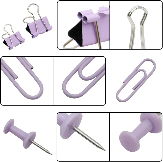Office Supplies Set, Paper Clips, Push Pins and Binder Clips Set with Box for Office, School and Home(Light Purple)