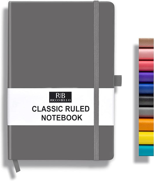 RICCO BELLO Lined Journal Notebook, Grey, 5.7 x 8.4-Inches | Faux Leather Hardcover, Pen Holder, College Ruled, 96 Sheets / 192 Pages, For Work & Notes
