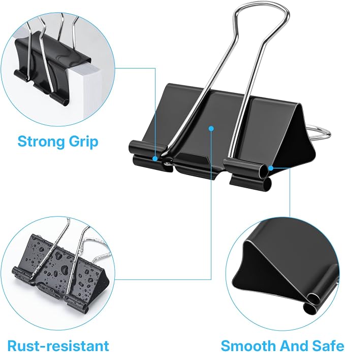OWLKELA 50 Pack Binder Clips, 1.6 Inch, Black | Large Paper Clamps,Ideal for Home Supplies, School, Office and Business