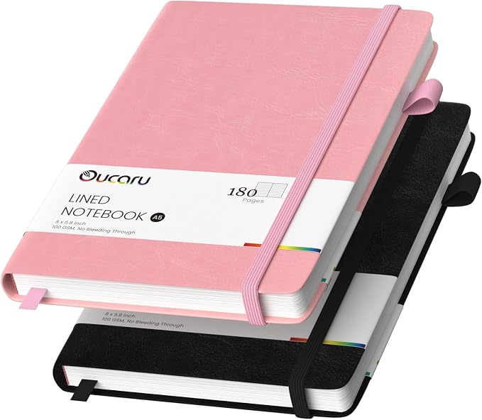 Oucaru Lined Journal Notebook, 2 Pack, 180 Pages, A5 Journals for Writing, 100 GSM Thick Paper, Small Notebooks Daily Journal for Women Men Work, Business, School, Travel Supplies
