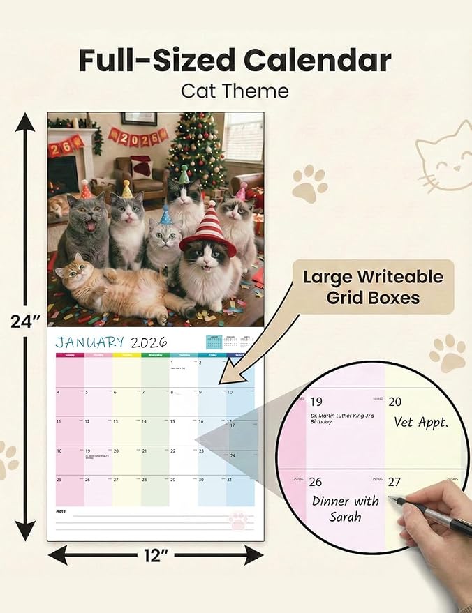 2026 Cat Selfies Wall Calendar | Sweet Multi-Breed Cats & Kittens Calendar | 12 Month | 12" x 24" Open | Thick & Sturdy Paper | Gift for Cat Lovers, Men, Women, Kids