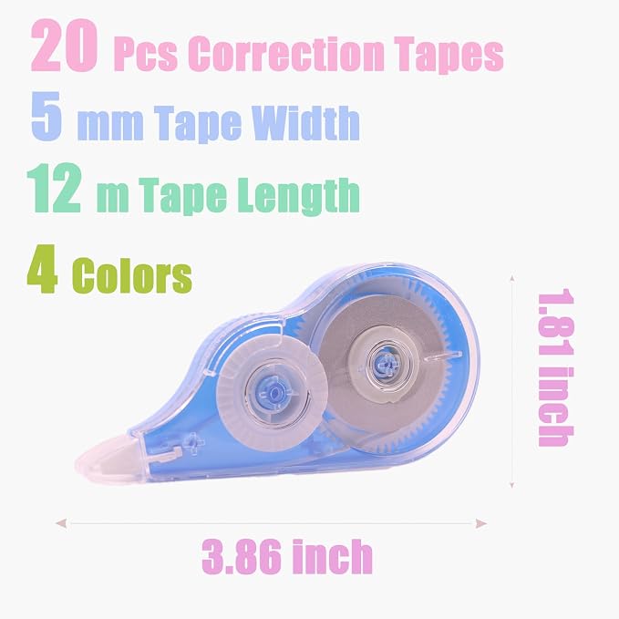 20 Pcs 39.4 Ft Colorful Correction Tape, White Wrong Out Tape Roller Bulk for Noting, Teacher Supplies, School, Office and Home (4 Colors)