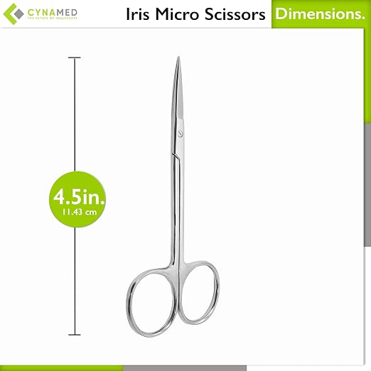 Cynamed Iris Micro Dissecting Precision Lab Scissors, Fine Point Straight - Perfect for Doctors, Nurses, EMS, Students, Education & Training and More (Pack of 1)