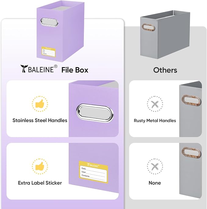 BALEINE File Organizer Box, Cardboard File Folder Organizer with Handle for Letter Size, Portable Collapsible Hanging Filing Box for Home Office Document Storage (8 Pack, Lavender)