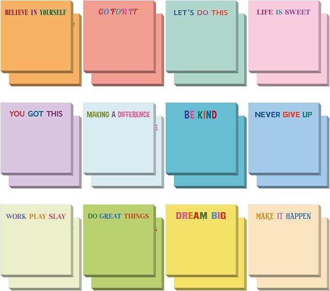 Yinder 24 Pcs Inspirational Sticky Notes, Back to School Supplies, Cute Motivational Sticky Notes Pad Employee Appreciation Gifts Bulk for Teacher Coworker Office 3 x 3'' (Motivational,Gentle Color)