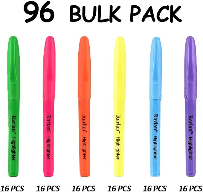 Rarlan Highlighters, Chisel Tip, Assorted Fluorescent, 96 Count Bulk Pack | Highlighters Assorted Colors for Classroom & Office, Study Essentials, Ideal for Back to School and Teacher Supplies
