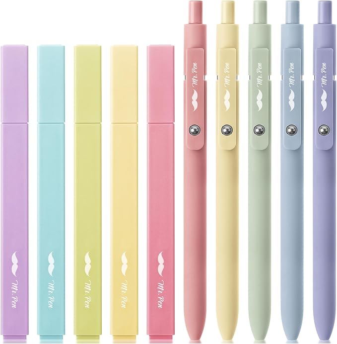 Mr. Pen- Aesthetic Highlighters and Gel Pens, 10 Pack | Assorted Colors Bible Highlighters No Bleed, Black Ink Gel Pens, Fast Dry and No Smear for Bible Journaling, Planner