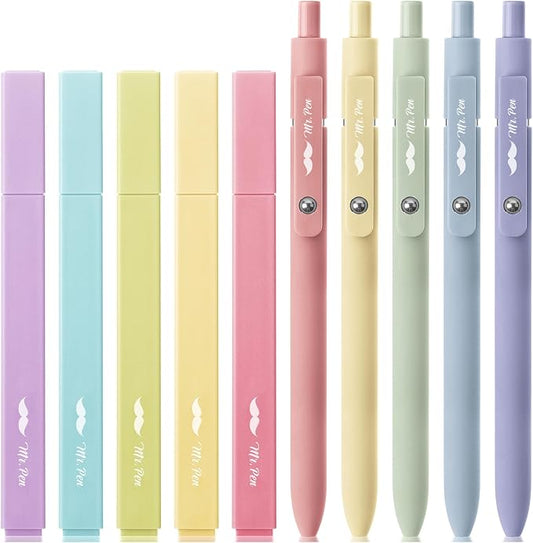 Mr. Pen- Aesthetic Highlighters and Gel Pens, 10 Pack | Assorted Colors Bible Highlighters No Bleed, Black Ink Gel Pens, Fast Dry and No Smear for Bible Journaling, Planner