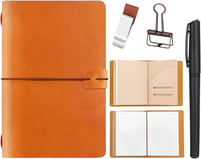 Thenshop Travelers Refillable Leather Journal Notebook Travel Diary Handmade Passport Travelers Journal for Men and Women with 3 Notebook Inserts, Pen Holder, Binder Clip(Orange,A5 Size)