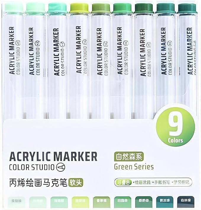 Green Acrylic Paint Pen Markers, 9 Colors Soft Brush Tip Paint Pens for Wood Glass Eggs Rock Painting Canvas Stone Fabric DIY Crafts Making Art Supplies (Green)