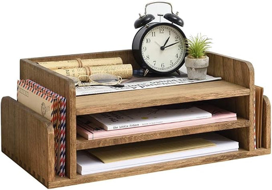 KIRIGEN Wood Desk Organizer, 5-Tray Letter Tray and Mail Sorter, Brown 2TP | Solid Wood 3-Tier Desktop Organizer with 5 Storage Areas for Mail, Folders, Letter Paper and Office Supplies, Fully Assembled